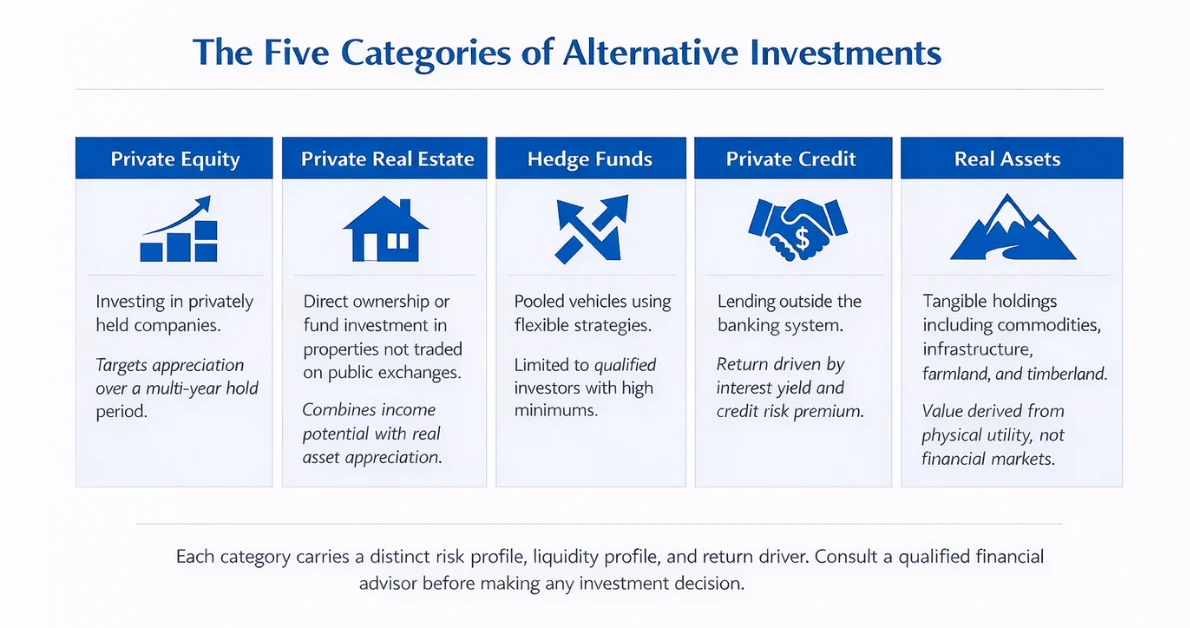 Infographic illustrating the five main categories of alternative investments: private equity, private real estate, hedge funds, private credit, and real assets — with a brief description of each category.