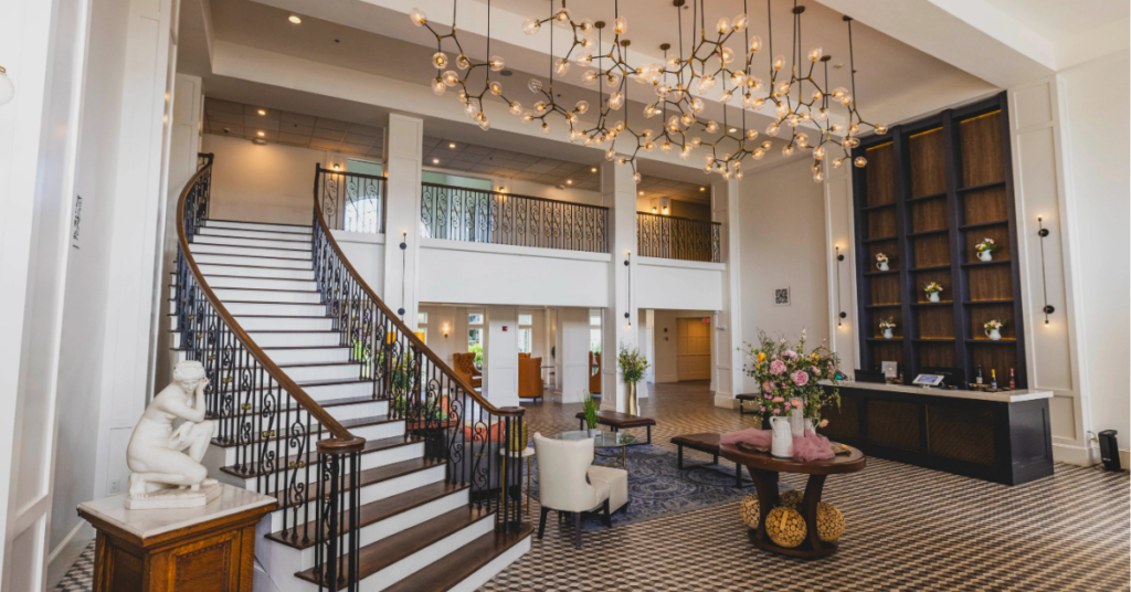 Chateau_Renault_lobby_at_Renault_Winery_Resort Grand lobby of Chateau Renault hotel at Renault Winery Resort in Egg Harbor City, NJ, owned by Accountable Equity and operated by Vivamee Hospitality