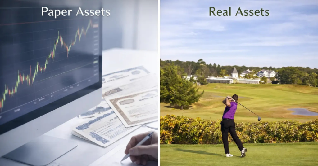 paper-vs-real-assets-vineyard-national-golf-renault-winery.jpg Split image contrasting paper assets — a trading screen and stock certificates — with real assets represented by a golfer on the Vineyard National Golf Course at Renault Winery Resort in Egg Harbor City, New Jersey