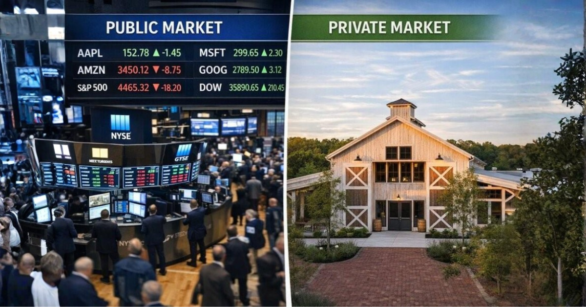 Split image contrasting NYSE public stock market trading on the left with The Farmhouse at Kent Island Resort private real estate asset on the right — illustrating the difference between public REIT investing and private real estate syndication.