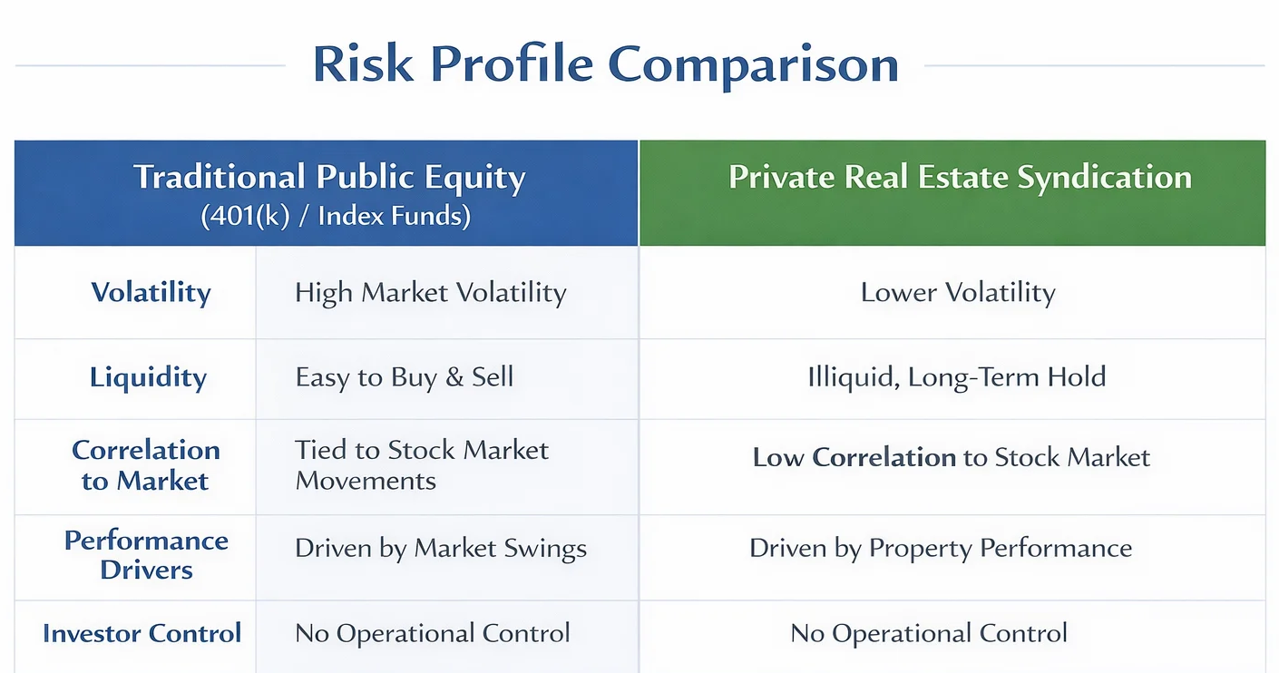 Risk profile comparison chart contrasting Traditional Public Equity — including 401(k) and index funds — against Private Real Estate Syndication across five dimensions: volatility, liquidity, correlation to market, performance drivers, and investor control. Both vehicles show no operational control for investors, while differing significantly on volatility, liquidity, market correlation, and performance drivers.