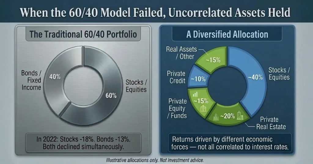 Infographic comparing the traditional 60/40 stock and bond portfolio against a diversified allocation that includes private real estate and real assets with lower correlation to public markets