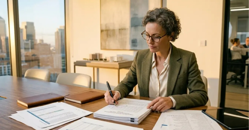 red-flags-syndication-due-diligence-checklist.webp An accredited investor reviews real estate syndication documents at a conference table, carefully annotating financial statements before committing capital to a private offering.