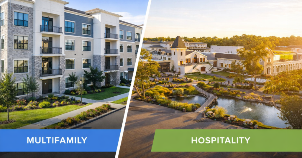 Class_A_Multifamily_Asset_contrasted_with_a_Hospitality_Asset_Renault_Winery_Resort Split comparison of a Class A multifamily apartment building on the left and an aerial view of Renault Winery Resort destination hospitality property on the right
