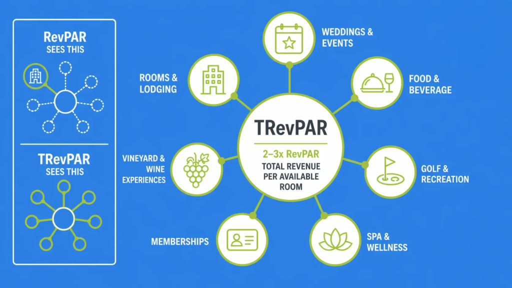 Diagram showing the multiple revenue streams of a destination hospitality asset including rooms, events, dining, golf, memberships, and agri-tourism