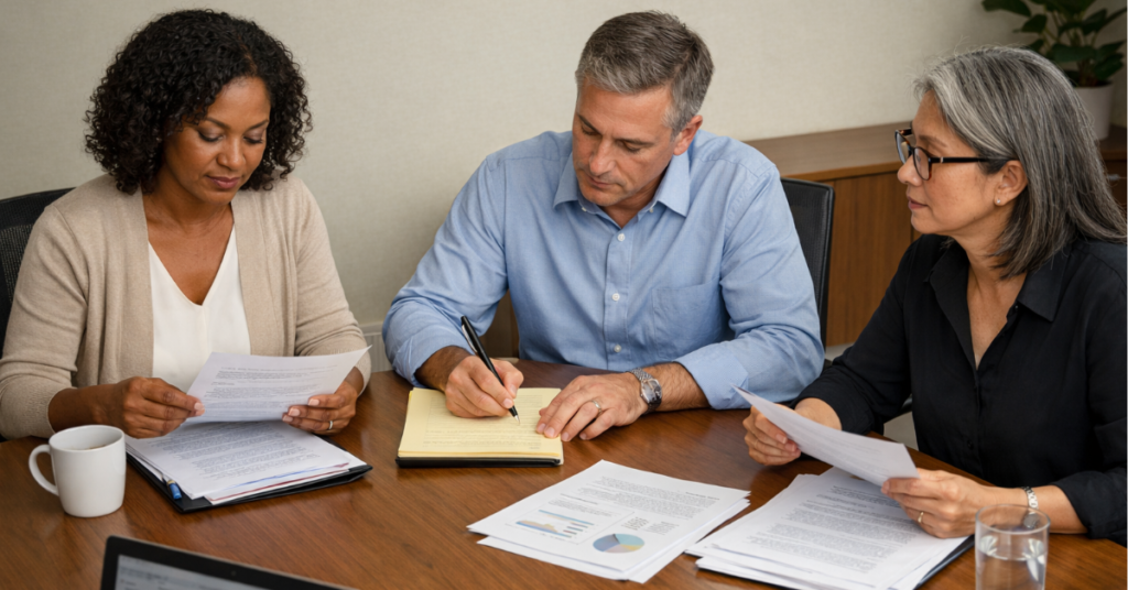 investor-due-diligence-meeting-review.jpg Accredited investors reviewing documents during a real estate fund due diligence meeting