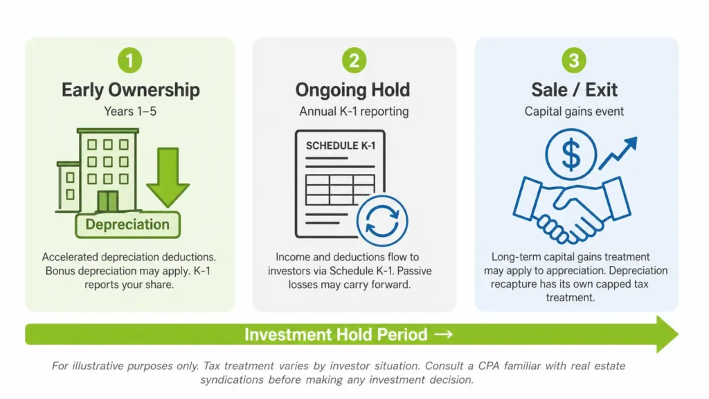 Timeline graphic illustrating the three phases of tax treatment in a real estate syndication fund: accelerated depreciation in early years, ongoing K-1 reporting during the hold period, and capital gains and depreciation recapture treatment at sale.