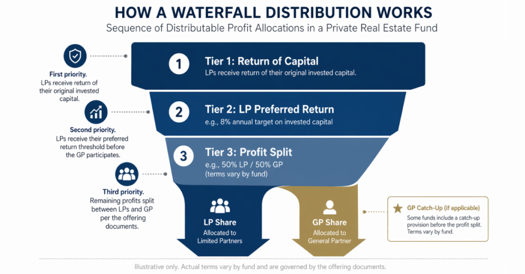 Waterfall distribution structure in private real estate fund showing return of capital, preferred return, and profit split between LPs and GP