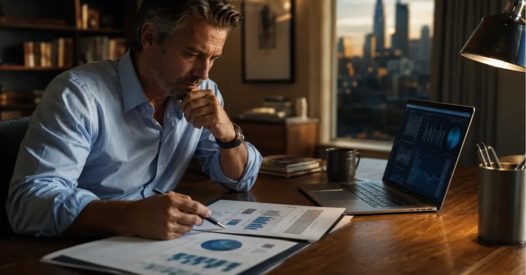 corporate-executive-portfolio-analysis.jpg Corporate executive reviewing investment portfolio documents at a desk