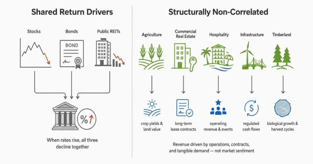 correlated-vs-non-correlated-return-drivers-real-assets.jpg Infographic comparing correlated return drivers in stocks and bonds versus independent return drivers across multiple real asset types including commercial real estate, hospitality, agriculture, infrastructure, and timberland