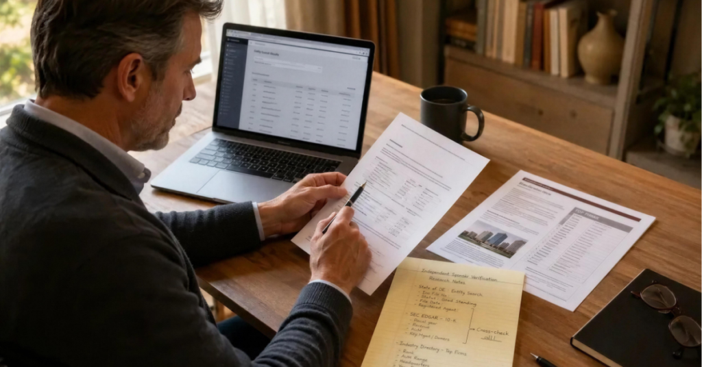 investor-sponsor-verification-research.jpg Accredited investor reviewing public records, SEC filings, and industry databases to independently verify a real estate syndication sponsor before investing