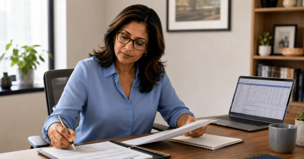 A CPA reviewing depreciation schedules and a real estate syndication offering at a desk