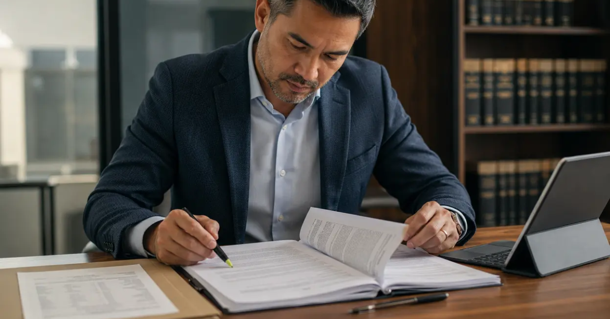 Attorney reviewing real estate syndication offering documents at a professional desk with legal references and a laptop