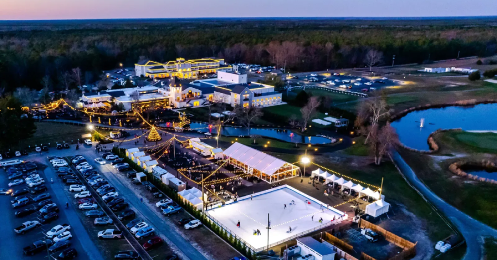Vintner Wonderland at Renault Winery Resort in Egg Harbor City, New Jersey, showing multiple active revenue streams including seasonal events, ice skating, and holiday programming
