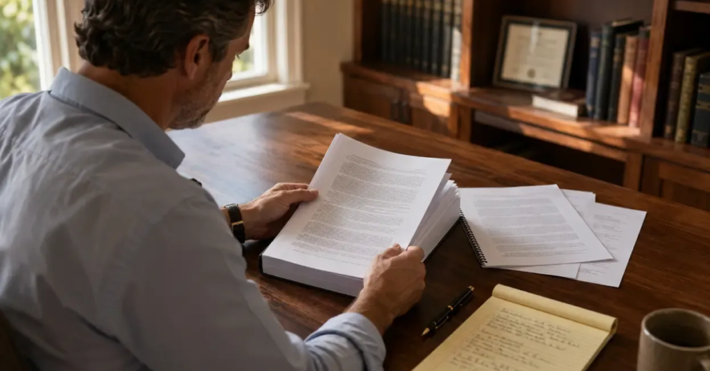 An accredited investor reviewing a private placement memorandum and offering documents at a desk