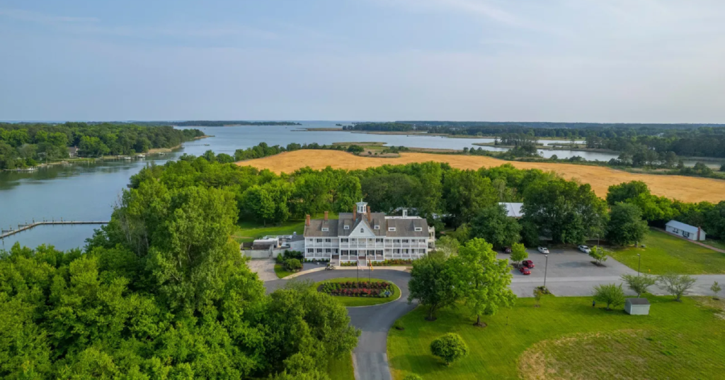 Aerial view of Kent Island Resort and its Manor House in Stevensville, Maryland, a destination hospitality property with nearly two miles of waterfront.