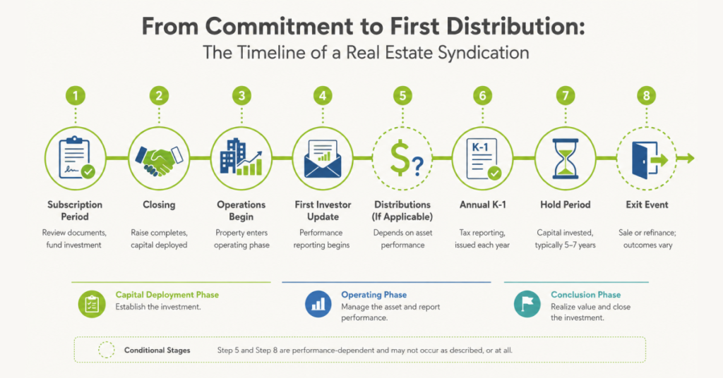Infographic showing the eight stages of a real estate syndication distribution timeline from commitment to exit, with stages five and eight marked as conditional and performance-dependent.