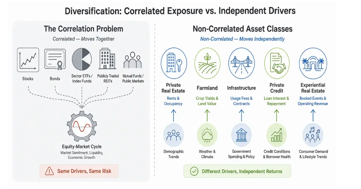 Diagram comparing investments that don't correlate with the stock market across multiple asset classes
