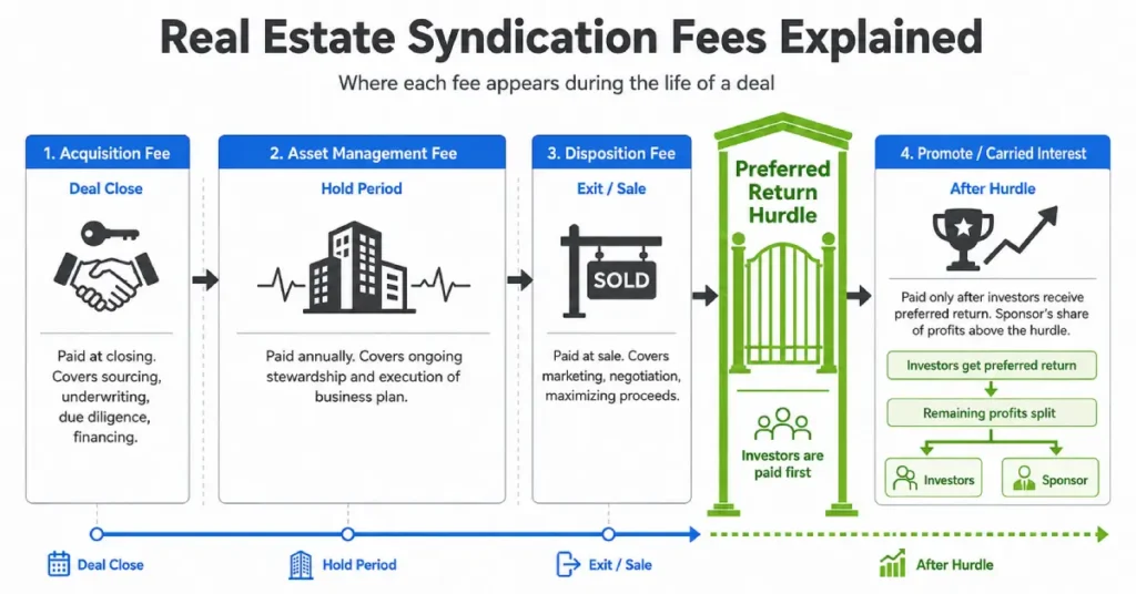 Infographic explaining real estate syndication fees including acquisition, asset management, disposition, and promote.