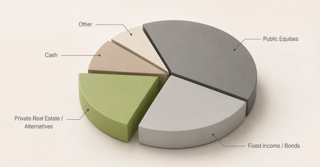 Diversified portfolio showing public equities, fixed income, and private real estate alternatives