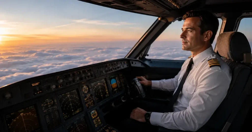 Commercial airline pilot in the cockpit illustrating how real estate investing for pilots builds passive income