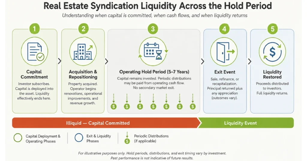 Diagram illustrating real estate syndication liquidity and a typical multi-year hold period for accredited investors