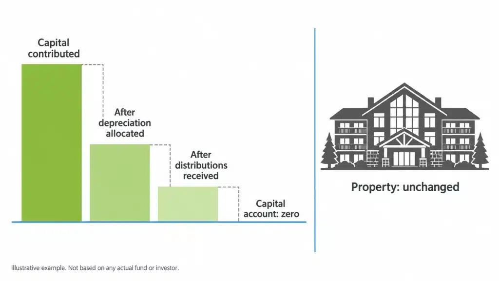 Diagram showing a capital account descending in steps to zero from depreciation and distributions, beside a building that remains unchanged